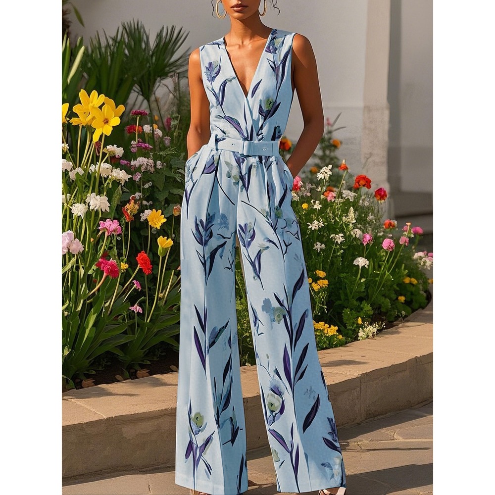NWT Fehaute Light Blue Floral Sleeveless Jumpsuit Size 14